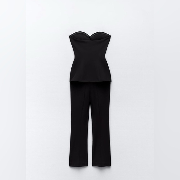 NWT ZARA TWO-PIECE FLARED JUMPSUIT BLACK STRAPLESS - Picture 6 of 16